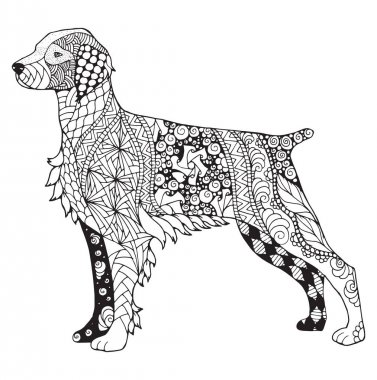 Stilize Brittany köpek zentangle, vektör, illüstrasyon, el yapımı kalem, elle çizilmiş, desen. Zen sanat. Beyaz arka planda siyah beyaz resim.