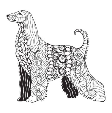 Afgan Tazısı köpek zentangle stilize, vektör, illüstrasyon, el yapımı kalem, desen. Zen sanat. Beyaz arka planda siyah ve beyaz resim. Yetişkin anti-stres boyama kitabı.