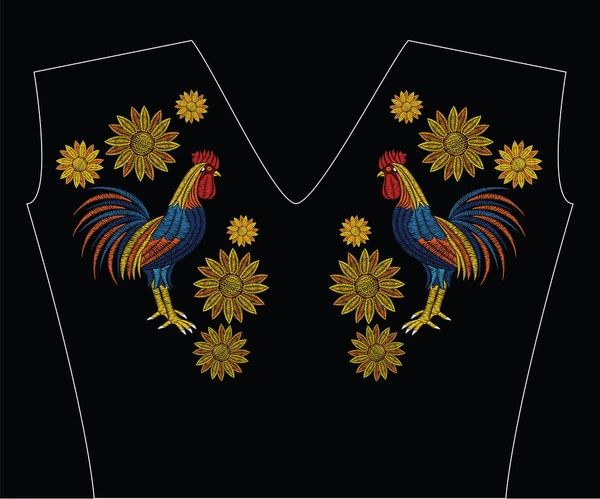 Puntos de bordado con gallo y girasoles en color pastel. Adorno de moda vectorial sobre fondo negro para la decoración floral tradicional de tela popular. Patrón para textil . — Vector de stock