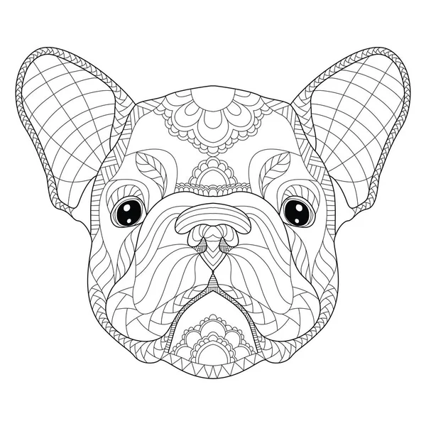 Bulldog francés cabeza de cachorro zentangle estilizado, vector, ilustración, lápiz a mano alzada, patrón. Arte zen. Ilustración en blanco y negro sobre fondo blanco. Libro para colorear adulto anti-estrés . — Vector de stock