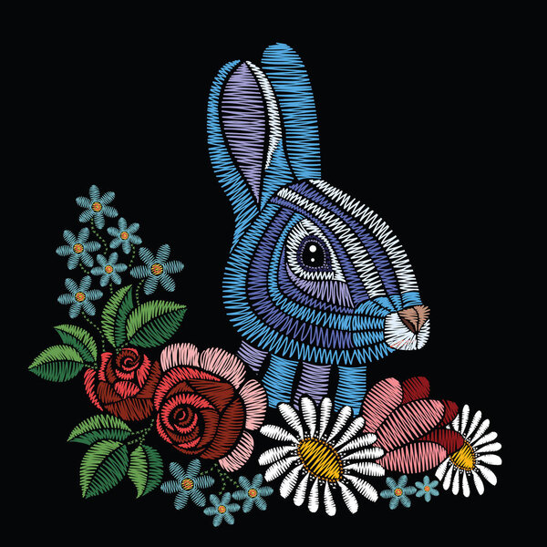 Embroidery stitches with rabbit, roses, chamomile, myosotis in pastel color. Vector fashion ornament on black background for traditional floral decoration. Pattern for textile and fabrics.