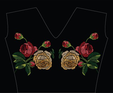 Pastel renkli kırmızı ve sarı Güllü nakış dikiş. Geleneksel çiçek dekorasyon için siyah arka plan üzerine moda süs vektör. Desen Tekstil ve kumaş için.