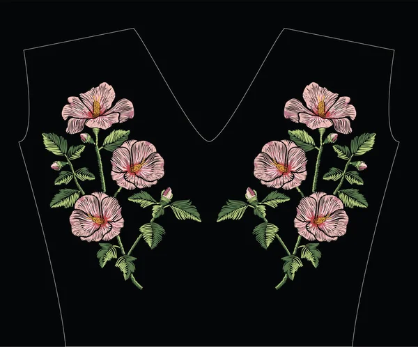 Pastel renkli yeşil yaprakları ile pembe hibiscus çiçek ile nakış dikiş. Geleneksel çiçek dekorasyon için siyah arka plan üzerine moda süs vektör. Desen Tekstil ve kumaş için.