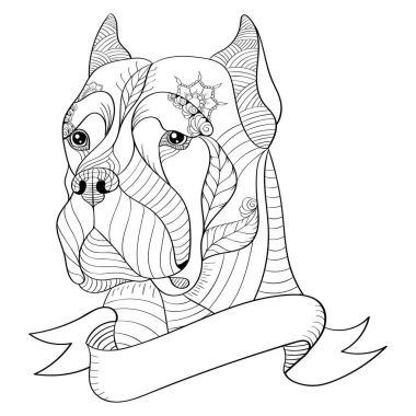 Zentangle İtalyan mastiff cane corso stilize başkanı. Vektör, illüstrasyon, el yapımı kalem, desen. Zen sanat. Beyaz arka planda siyah ve beyaz resim. Yetişkin anti-stres boyama kitabı. 