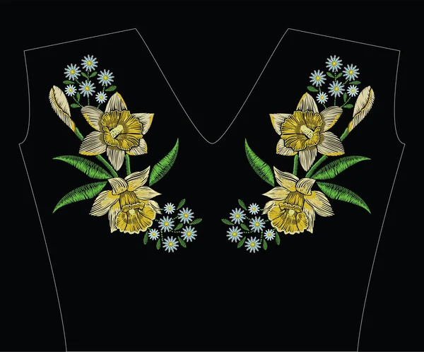 Vyšívací stehy s Narcis žlutý Narcis, heřmánek a zelené listy v pastelových barvách. Vektorové módní ozdoba na černém pozadí pro tradiční květinové dekorace. Vzor pro textilie a tkaniny. — Stockový vektor