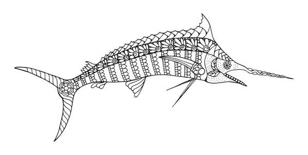 Zentangle estilizado azul marlin. Vetor, ilustração, lápis à mão livre, padrão. Arte zen. Ilustração em preto e branco sobre fundo branco. Livro de colorir anti-stress para adultos —  Vetores de Stock