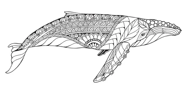 Zentangle 程式化的座头鲸。向量、 插画、 手绘铅笔、 模式。禅宗艺术。白色背景上的黑色和白色插图。成人的抗应激着色书 — 图库矢量图片
