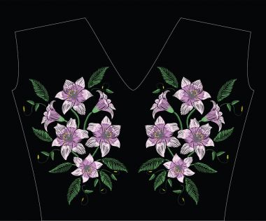 Pastel renkli yeşil yaprakları ile Menekşe Paskalya lily çiçekli nakış dikiş. Geleneksel çiçek dekorasyon için siyah arka plan üzerine moda süs vektör. Desen Tekstil ve kumaş için.