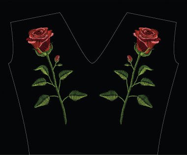 Kırmızı gül ile nakış dikiş ve pastel renkte yeşil yaprakları. Vektör moda süsleme geleneksel çiçek dekorasyon için siyah arka plan üzerine.