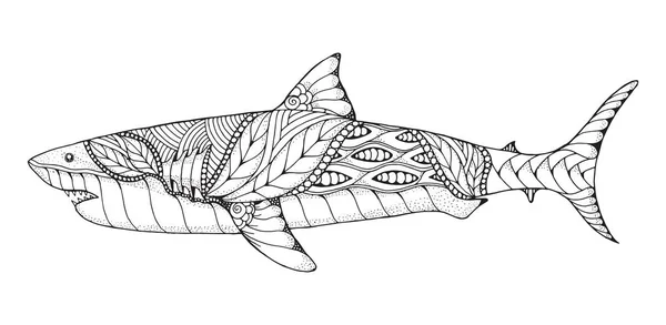 Zentangle e punteggiato stilizzato grande squalo bianco. Vettore, illustrazione, schema. Arte zen. Illustrazione in bianco e nero su sfondo bianco. Libro da colorare anti-stress per adulti . — Vettoriale Stock
