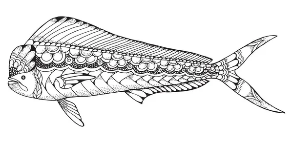 Dorado mahi mahi vissen zentangle en gespikkelde gestileerde vectorillustratie. Patroon. Zen art. Zwart-wit afbeelding op witte achtergrond. Volwassen Antistress kleurboek. — Stockvector