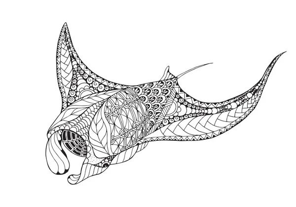 Zentangle stiliserade manta ray, mobula, devil fisk. Vektor, illustration, freehand penna, mönster. Zen konst. Svartvit illustration på vit bakgrund. Adult Antistress målarbok. — Stock vektor