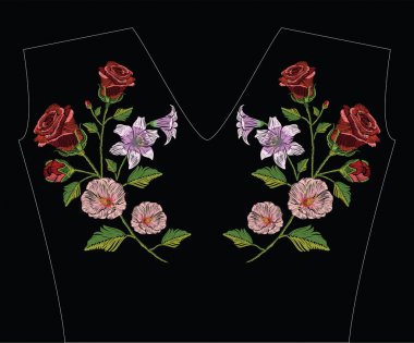 Ebegümeci, gül ve lily pastel renklerde nakış dikiş var. Vektör moda süs çizim çiçek dekorasyon için siyah arka plan üzerine. Tekstil desen.