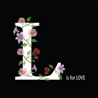 Ebegümeci, gül ve lily ile nakış dikiş ve metin L aşk için. Vektör moda süs çiçek dekorasyon için siyah arka plan üzerine. Textil için desen.