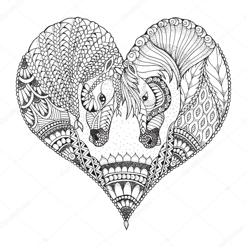 Two horses showing affection in a heart shape. Zentangle and stippled stylized vector illustration. Pattern. Black and white illustration on white background. Adult anti-stress coloring book.