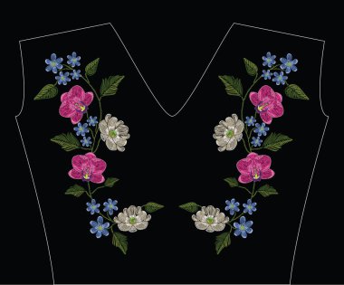 Orkide, Manolya ve mantarı çiçek nakış dikiş. Dekupaj. Geleneksel çiçek dekorasyon için siyah arka plan üzerine moda süs vektör. Desen Tekstil ve kumaş için. 