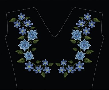 Pastel renkli tulipa humilis ve mantarı çiçek nakış dikiş. Vektör moda süsleme geleneksel çiçek dekorasyon için siyah arka plan üzerine.