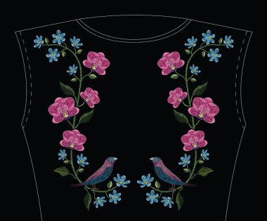 Orkide, mantarı çiçek ve gouldian finch kuş ile nakış dikiş. Geleneksel çiçek dekorasyon için siyah arka plan üzerine moda süs vektör. Desen Tekstil ve kumaş için. 
