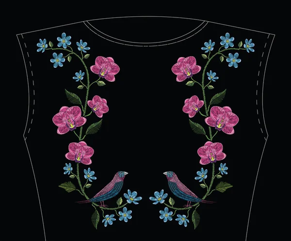 Costuras de bordado com orquídea, flor de hepatica e gouldian finch bird. Vector ornamento de moda em fundo preto para decoração floral tradicional. Padrão para têxteis e tecidos . —  Vetores de Stock