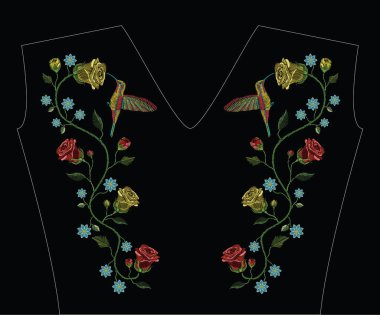 Nakış uğultu kuşla colibri kuş uçan, kırmızı ve sarı güller dikiş var. Geleneksel çiçek dekorasyon için siyah arka plan üzerine moda süs vektör. Desen Tekstil ve kumaş için.