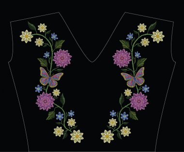 Dahlia, mantarı çiçek ve pastel renkli kelebekler ile nakış dikiş. Geleneksel çiçek dekorasyon için siyah arka plan üzerine moda süs vektör. Desen Tekstil ve kumaş için.