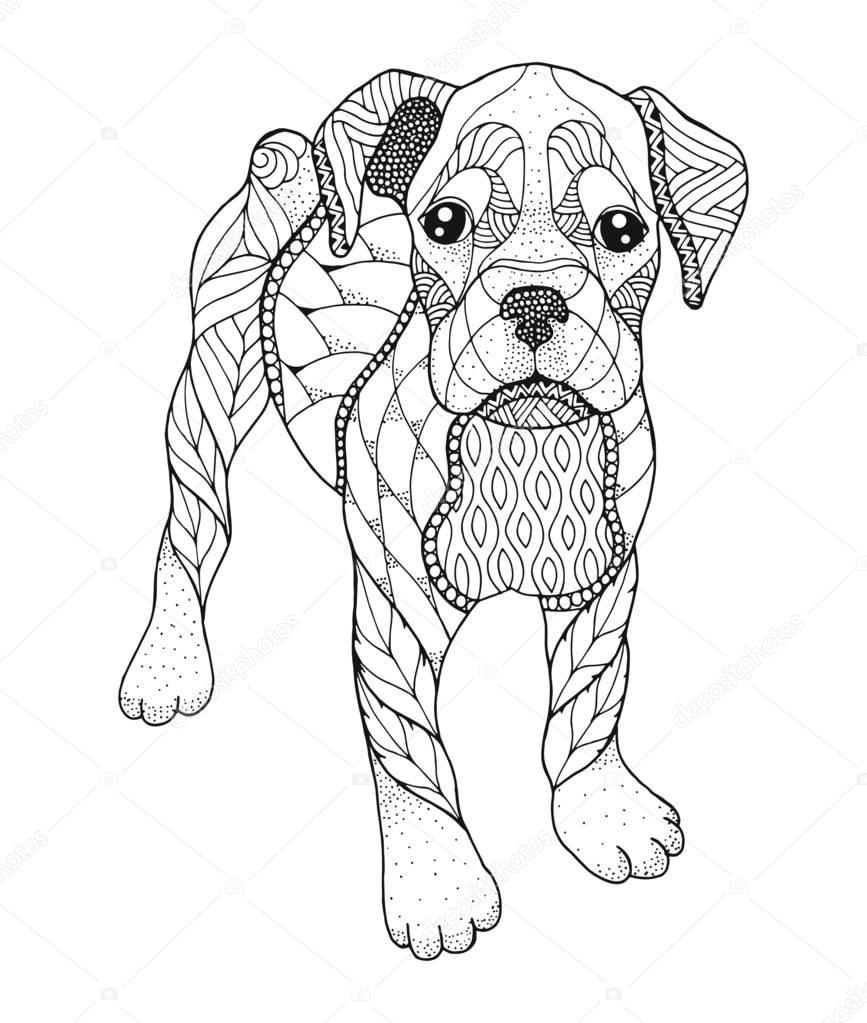 Boxer dog in zentangle and stipple style. Vector illustration. Anti stress coloring book for adults and kids.