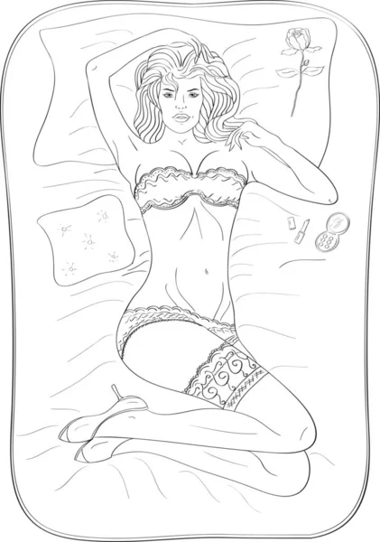 Beautiful sexy girl in stockings lying on bed. Vector illustration. Make up and rose. Lipstick and pillow. Anti stress coloring book for adults. Black and white drawing. — Stock Vector