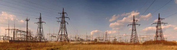 Panorama of high voltage substation. Distribution electrical pow