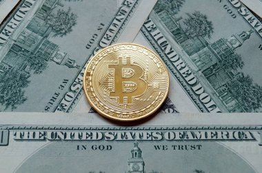 Bitcoin yüz dolarlık banknot üzerinde sembolik sikkeleri.