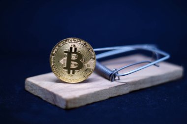 Siyah zemin üzerine altın bitcoin ile fare kapanı. Sabun köpüğü Kripto para birimi. Riskler ve tehlikeler bitcoin için yatırım.