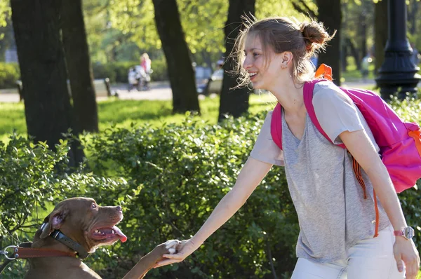 Conocer a una joven en el parque con el perro — Foto de Stock