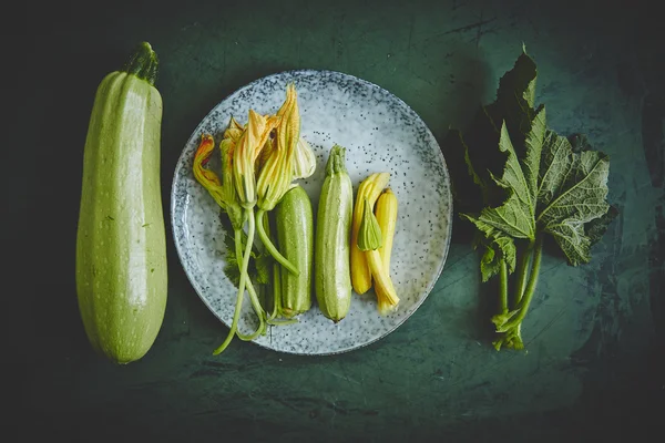 Fiori freschi di zucchine e zucchine — Foto stock