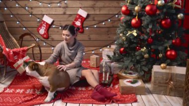 Bir Noel hediyesi için köpeğini sunan bir kız