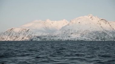 Norveç kutup denizinin karla kaplı fiyortlarla çevrili manzarası. Kuş gökyüzünde uçuyor. Sinematik gün batımı. Norveç 'e bilimsel keşif gezisi sırasında çekilen özel belgesel görüntüleri