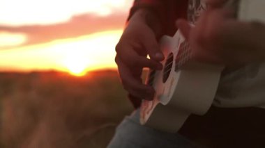 Genç hipster buğday tarlasında ukulele ile ritmik bir şekilde oynar. Güzel gün batımı. Kaygısız bir adam doğanın ve güneş ışığının tadını çıkarıyor. İnanılmaz renkli sarı günbatımında. Aşk özgürlüğü kavramı, yaşam tarzı
