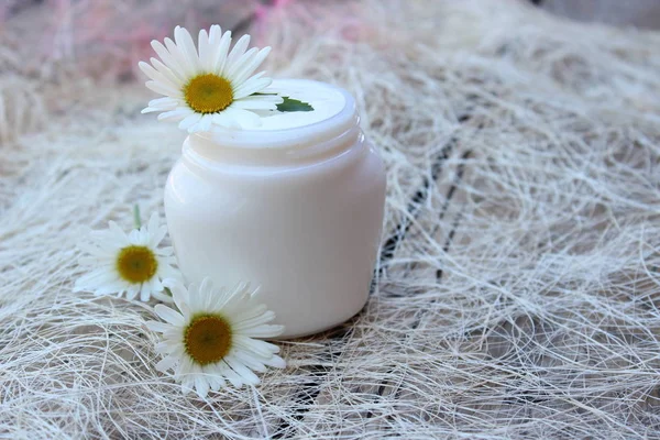 Kosmetické krémy s bílou camomilní květinou — Stock fotografie