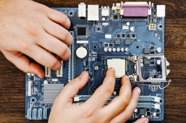 Bilgisayar anakart ve cpu. Yakın çekim.