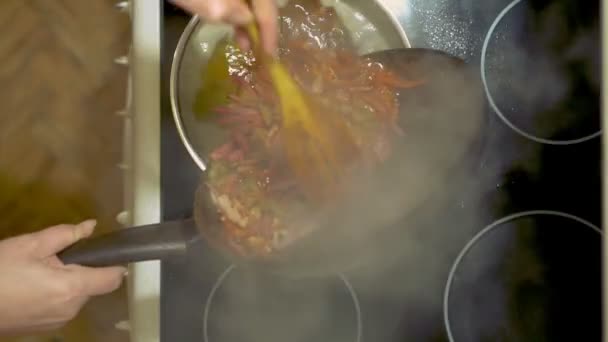自家製のスープの準備。電気ストーブの上に鍋。ジャガイモをゆでています。フライパン上に作製した揚げの食材を敷きます. — ストック動画