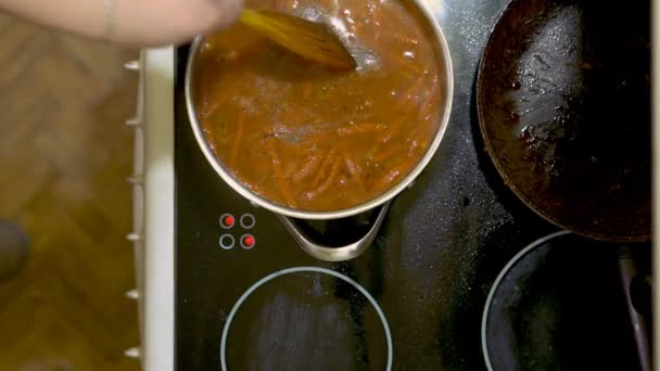 En la estufa eléctrica, se prepara sopa casera. Añadir un poco de pimienta molida . — Vídeos de Stock