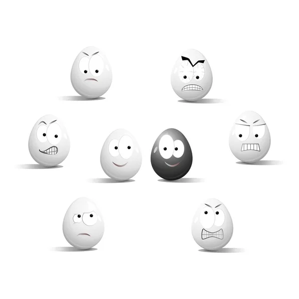 Rostros en huevos de pollo en forma de expresiones faciales, reflejando emociones. El concepto de racismo, malentendido . — Vector de stock