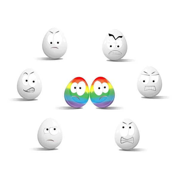 Rostros en huevos de pollo en forma de expresiones faciales, reflejando emociones. El concepto de lgbt, gay . — Vector de stock