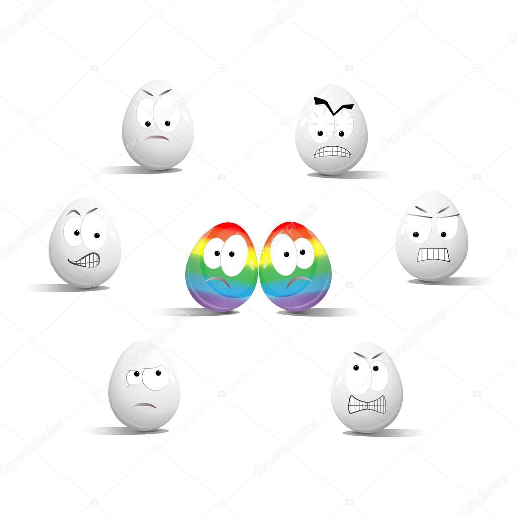 Faces on chicken eggs in the form of facial expressions, reflecting emotions. The concept of lgbt, gay.