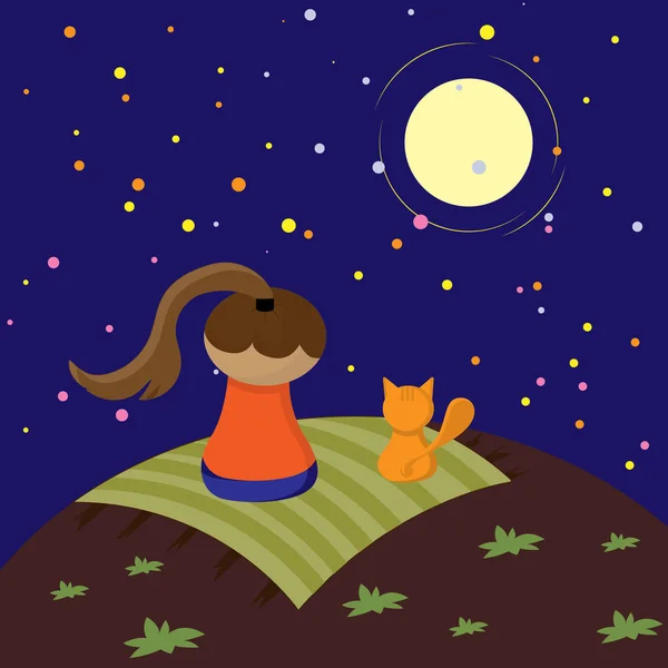 Meisje en kitten zitten op het tapijt en kijken 's nachts hemel. — Stockvector