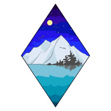 Arka planda dağ ve okyanus gece gökyüzü ve yıldızlar. Vektör