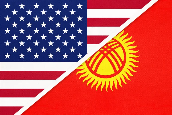 USA vs Kyrgyzstan national flag from textile. Relationship between two american and asian countries. — Stock Photo, Image