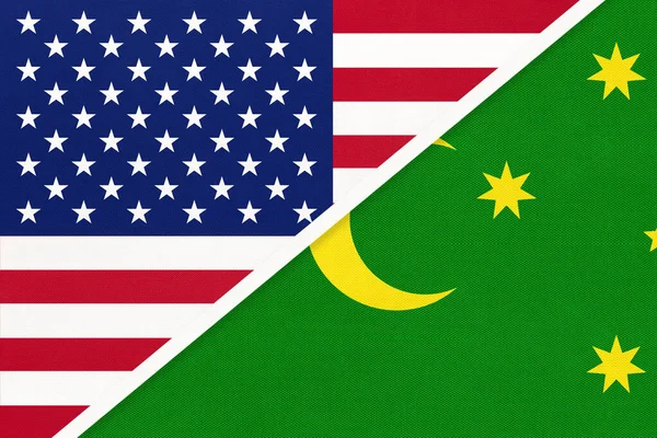 USA vs Cocos island, Keeling national flag from textile. Relationship between two american and asian countries. — Stock Photo, Image