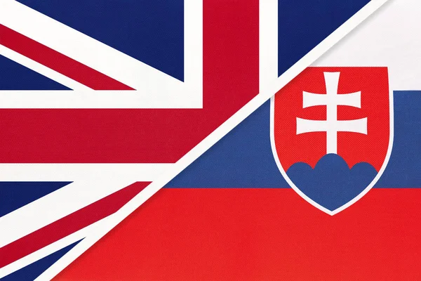 United Kingdom vs Slovakia national flag from textile. Relationship between two european countries. — 스톡 사진