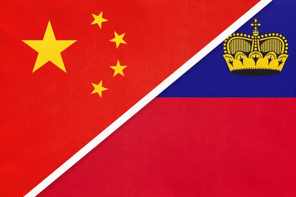 China or Prc vs Liechtenstein national flag from textile Відносини між азійськими та європійськими країнами. — стокове фото