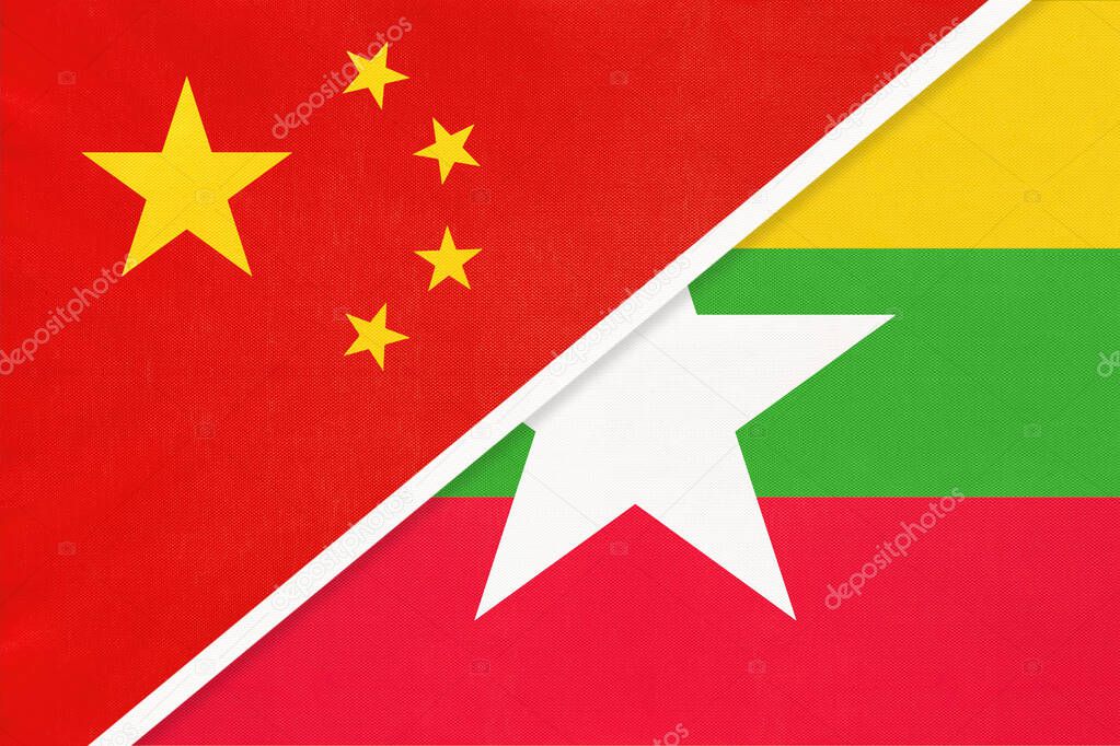 People's Republic of China or PRC vs Myanmar national flag from textile. Relationship between two asian countries.