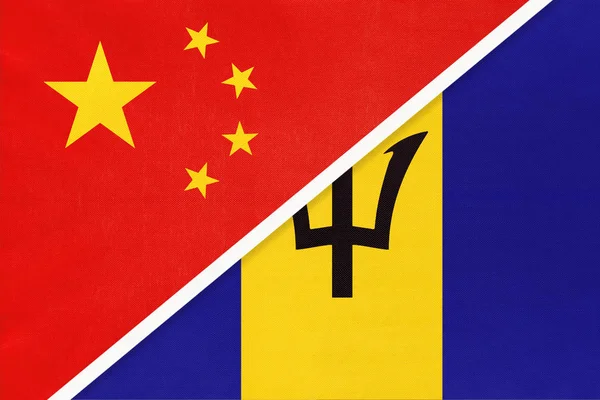China or PRC vs Barbados national flag from textile. Relationship between asian and american countries. — Stock Photo, Image